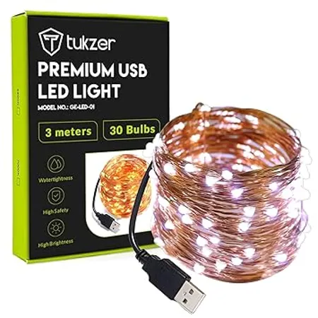 Tukzer Copper LED Fairy String Lights with USB High Brightness Low Power Consumption Indoor Outdoor Decoration Christmas Decor LED Strip Light for Party Light 3 Meter White Pack of 1