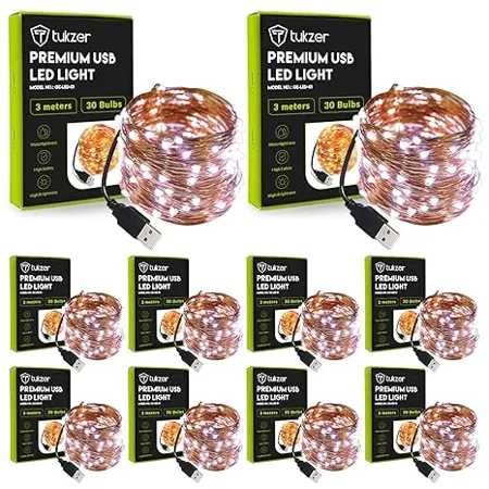 Tukzer Copper LED Fairy String Lights with USB High Brightness Low Power Consumption Indoor Outdoor Decoration Christmas Decor LED Strip Light for Party Light 3 Meter White Pack of 10