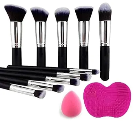 URBANMAC Premium Synthetic Kabuki Foundation Face Powder Blush Eyeshadow Brush Makeup Brush Kit with Blender Sponge and Silicone Makeup Brush Cleaning Mat 10 pcs Black Silver 