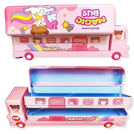 Umadiya Branded Metal Double Decker Bus Shape Pencil Box for Kids with Moving Tyres 3 Compartments Pencil Case for Boys Girls Multi Color Toys Games 