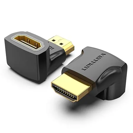 VENTION HDMI Connectors 2 Pack HDMI Adapters 90 Degree Gold Plated Connectors Male to Female Converter for HDTV PS4 PS5 Laptop Black