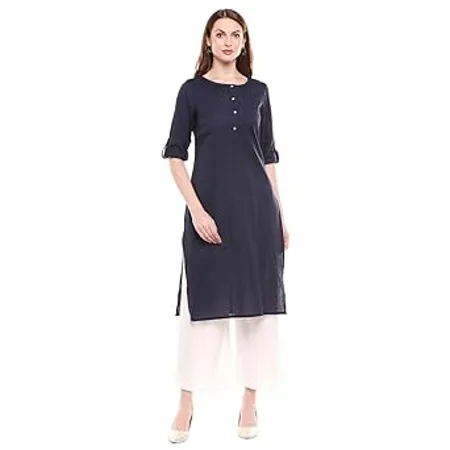 W for Woman Navy Blue Round Neck Solid Kurta