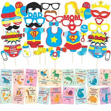 WOBBOX Baby Shower Combo of Photo Booth Party Props and Milestone Cards Combo CK