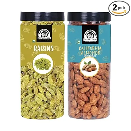 WONDERLAND FOODS DEVICE Premium Dry Fruits Combo Pack of California Almonds NP Raisin 1Kg 500gX2 Reusable Jar