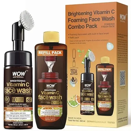 WOW Skin Science Brightening Vitamin C Foaming Face Wash Combo pack Refill Pack All Skin Types Built in brush Glowing Bright Skin Paraben Sulphates Free 350 ml