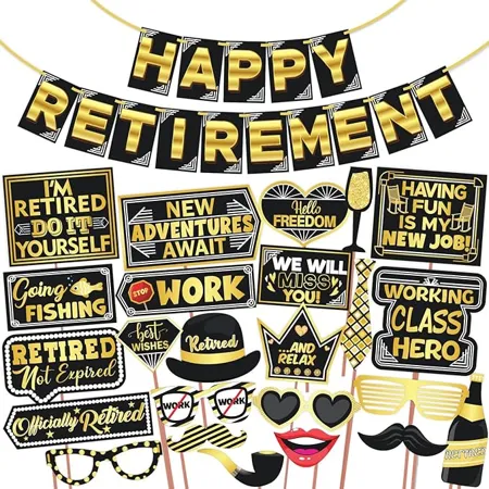 Wobbox Retirement Photo Booth Party Props with Happy Retirement Bunting Banner Golden Black Retirement Party Decoration Retirement Decoration Item