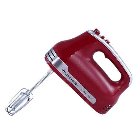 Wonderchef Crimson Edge 5 Speed Electric Hand Mixer 300W Powerful Copper Motor TurboSpeed I Adjustable Slow Speed Start I Hand Blender Stainless Steel Whisk Beaters and Dough Hooks 2 Years Warranty Bakeware I Red