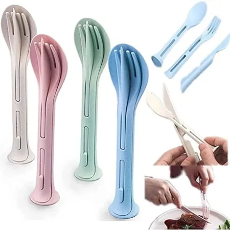 XML 3 in 1 Spoon Set Plastic Spoon Fork and Knife Set Kitchen Cutlery Set Baby Spoon for Travel School Picnic Office Daily Use Multicolor Pack of 1 