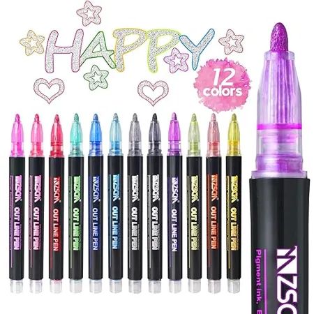 ZSCM Outline Metallic Marker Pens 12 Colors Double Line Paint Permanent Marker Pens for Gift Card Rock Painting DIY Photo Album Scrapbook Crafts Metal Wood Ceramic Glass
