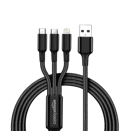 amazon basics 3 In 1 Charging Cable Micro Usb Type C And Lightning 15W Fast Charging Cable 1M Wide Compatibility Black