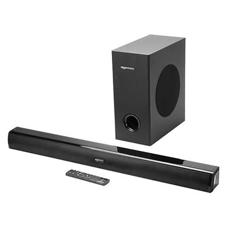 amazon basics Soundbar with Wired Subwoofer 150W RMS 2 1 Channel Remote Control BT v5 3 HDMI ARC Optical Aux USBy Compatible with TVs Smart Phones Tablets PCs Black 