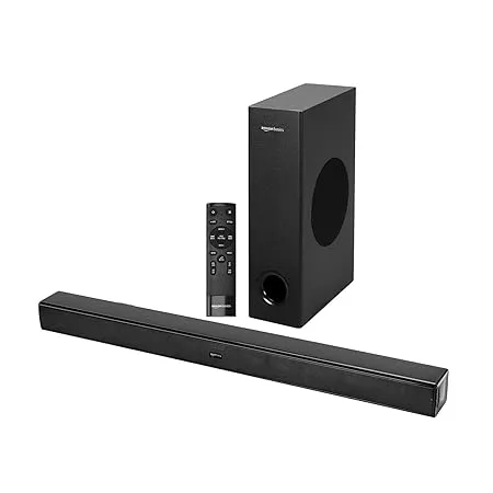 amazon basics Soundbar with Wired Subwoofer 90W RMS 2 1 Channel Remote Control BT v5 3 HDMI ARC Optical Aux USB Compatible with TVs Smart Phones Tablets PCs Black 