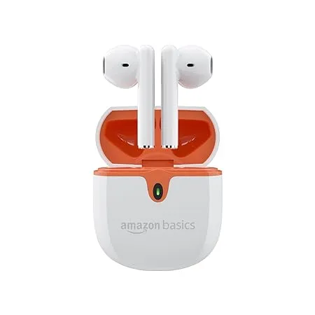 amazon basics True Wireless in Ear Earbuds with Mic Touch Control IPX5 Water Resistance Bluetooth 5 3 Up to 36 Hours Play Time Voice Assistance and Fast Charging White 
