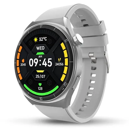 beatXP Vega X 1 43 3 6 cm Super AMOLED Display One Tap Bluetooth Calling Smart Watch Metal Body Rotary Crown 466 466px 500 Nits Brightness Silver Silicon 