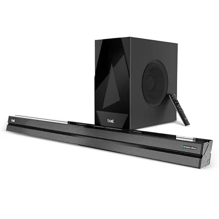 boAt Aavante Bar Aaupera Bluetooth Soundbar with 120W RMS Signature Sound 2 1 CH Wired Subwoofer Music Streaming EQ Modes Dual Languages Master Remote Control Premium Black 