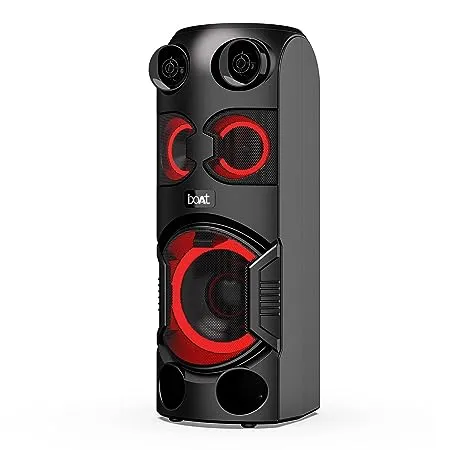boAt PartyPal 200 208 70W RMS Stereo Party Speaker with Stunning LEDs Multi Compatibility Modes 7HRS Playtime TWS Feature Mic for Karaoke Dual EQs FM Master Remote Control Phantom Black 