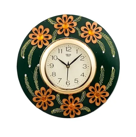 eCraftIndia Decorative Fine Crafted Papier Mache and Wooden Wall Clock 30 cm x 2 5 cm x 30 cm Golden and Green 