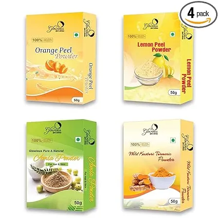 glowious Combo Pack of 4 Orange Peel Kasturi Turmeric Lemon Peel Amla Powder 200gms 50gX4 