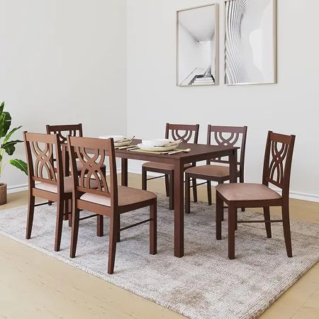  home by Nilkamal Alice Solid Rubber Wood Dining Table 6 Seater Six Seater Wooden Table with Six Chairs with Cushion Dining Room Set Rubberwood Antique Cherry Finish