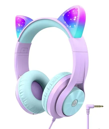 iClever Kids Headphones for Girls Gift Over Ear Headphones Wired Cat Ear Led Light Up Children Headphones 94dB Volume Limited Foldable Earphones for Kids School Travel Music