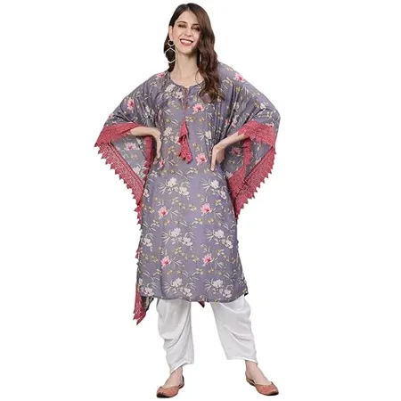 ishin Women s Silk Kaftan Embroidered Thread Work Floral Print Purple Kurti