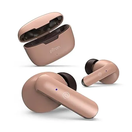 pTron Bassbuds Duo In Ear Wireless Earbuds with Immersive Sound 32Hrs Playtime Clear Calls TWS Earbuds Bluetooth V5 1 Headphone Type C Fast Charging Voice Assistant IPX4 Water Resistant Brown 