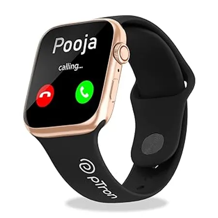 pTron Force X12S Bluetooth Calling Smartwatch 1 85 Full Touch HD Display Functional Crown Heart Rate Monitor SpO2 WatchFaces 5 Days Battery Life Fitness Trackers IP68 Waterproof Black Gold 