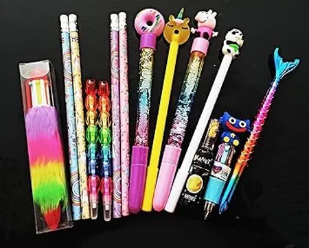 scoofer Kids Assorted Pen Combo 14 In 1 Includes 4 Hb Pencils 2 Pearl Pencils 1 Highlighter Unicorn Pen Peppa Pen Donut Pen Cartoon Kids Pen Gel Sparkle Pen And Plus 6 In 1 Furr Pen
