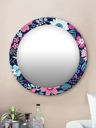 999STORE Printed Vanity Mirror Round Mirrors for Wall Decor Colorful Flowers Pattern Round Mirror MDF 17X17 Inch Multi MirrorRSZ1018