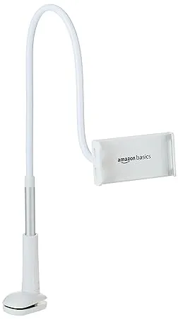 Amazon Basics Universal Mobile Tablet Holder 360 Rotation Long Flexible Alloy Arm Stand for Desk Table Bed Kitchen Bathroom for 4 6 Inches to 10 4 Inches Tablet Smartphones White Tabletop