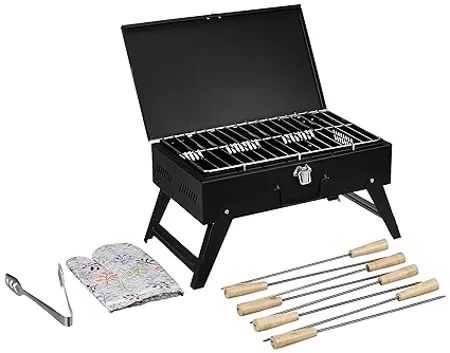 Amazon Brand Solimo Briefcase Style Foldable Charcoal Barbeque Grill with 8 Skewers Black 