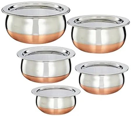 Amazon Brand Solimo Stainless Steel 5 Piece Copper Bottom Handi Set with Lids 500 ML 700 ML 1000 ML 1500 ML 2000 ML
