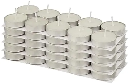 Amazon Brand Solimo Wax Tealight Candles 2 Hour Burn Time Smokeless No Residue Set of 50 Unscented 