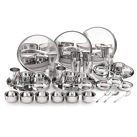 Attro Stainless Steel Bhojan Set of 6 Thali 6 Plate 12 Bowl 6 Glass 6 Spoon Thali Diameter 29 cm Set of 36 Silver Standard