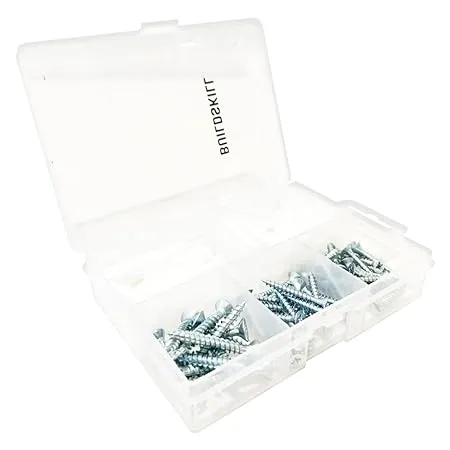 Buildskill Versatile 102 Piece Chipboard Screw and Anchor Set Ribbed Anti Slip Design Sharp Edge Screws Multiple Sizes Ideal for DIY Projects Convenient Transparent Hanging Storage Case with Lock