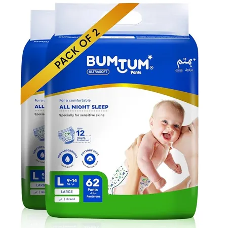 Bumtum Baby Diaper Pants Large Size 124 Count Double Layer Leakage Protection Infused With Aloe Vera Cottony Soft High Absorb Technology Pack of 2 