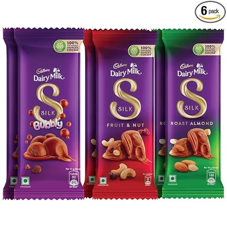 Cadbury Dairy Milk Silk Small Chocolates Combo 2 x Bubbly 50g 2 x Roast Almond with whole nuts 58g and 2 x Fruit and Nut 55g 