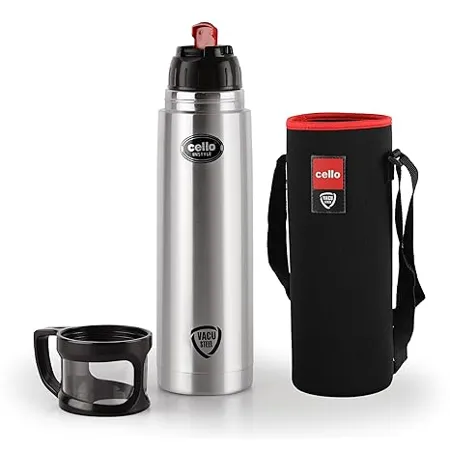 Cello Instyle Vacuum Insulated Flask with Jacket 1000ml Black Hot and Cold Water Bottle with Dual Cup Cap Double Walled Stainless Steel Bottle for Travel Home Office School