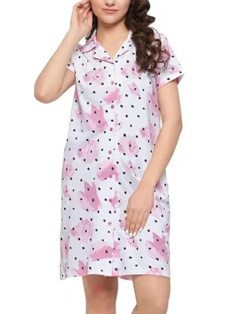 Clovia Women s Cotton Polka Dot Print Short Nightdress with Pocket in White