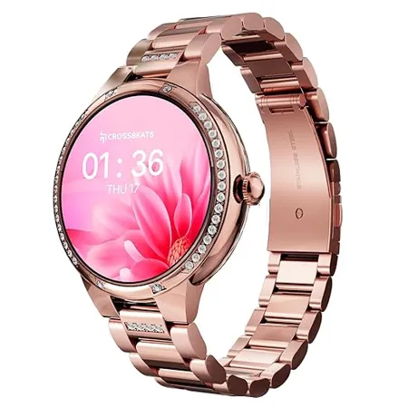 CrossBeats Diva 1 28 Stylish Smart Watch for Women with Stone Studded Bezel Amoled Display Female Health Tracker 100 Sports Modes Premium Metal Smartwatch with Wireless Charging Rose Gold 
