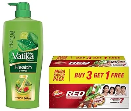 Dabur Vatika Health Shampoo Power of 7 Natural Ingredients 640 ml and Dabur Red Paste 600g Buy 3 Get 1 Free 