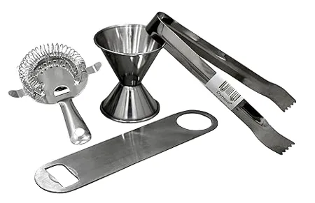 Dynore 4 pcs bar Set ice Tong peg Measure Bottle Opener Strainer
