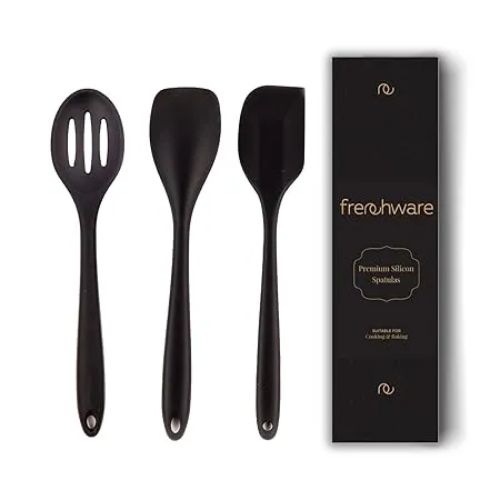 Frenchware Set of 3 2 Spatulas and 1 Spoon Non Stick Silicon Spatula Set for Cooking Baking Seamless Design Heat Resistant 40 C to 230 C Food Grade BPA Free Dishwasher Safe Black 