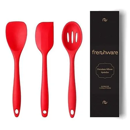 Frenchware Set of 3 2 Spatulas and 1 Spoon Non Stick Silicon Spatula Set for Cooking Baking Seamless Design Heat Resistant 40 C to 230 C Food Grade BPA Free Dishwasher Safe Red 