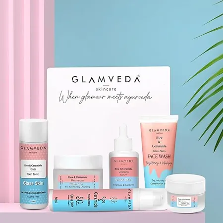 Glamveda Korean Glass Skin Rice Ceramide 6 Step Daily Skincare Routine For Women with Gift Box Face wash Toner Serum Under eye cream Moisturizer Sunscreen