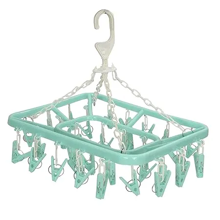 Kuber Industries Baby Clothes Hanger Rack 360 Degree Portable Rotatable Clips 32 Clips Cloth Drying Hanger Space Saving Travel Durable Plastic Green 