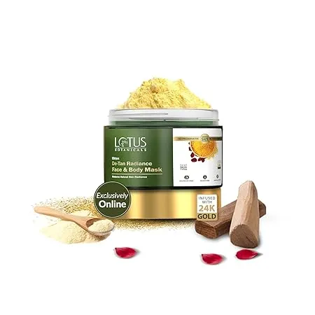 Lotus Botanicals Ubtan De Tan Radiance Face And Body Mask Infused with 24K Gold For Boosting Skin Radiance Reducing Skin Dullness Anti Tanning No Silicon No Sulphates Non Comedogenic No Preservatives 140g