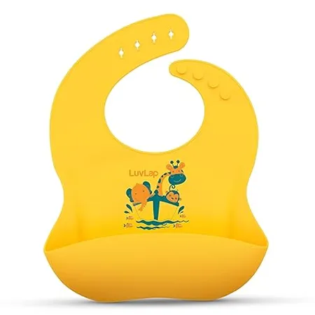 LuvLap Silicone Baby Bib for Feeding Weaning Babies Toddlers Waterproof Washable Reusable Non Messy Easy Cleaning No Bad Odour Adjustable Neckline with Buttons Yellow 