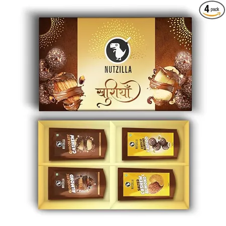 Nutzilla By Bevzilla Diwali Gift Box Hamper 4 X 40 grams Pack Chocolate Almonds Chocolate Cashew Chocolate Almond Laddoo Salted Almond Cashews Festive Gifting Premium Gift Box Gift Box Corporate Gift Box