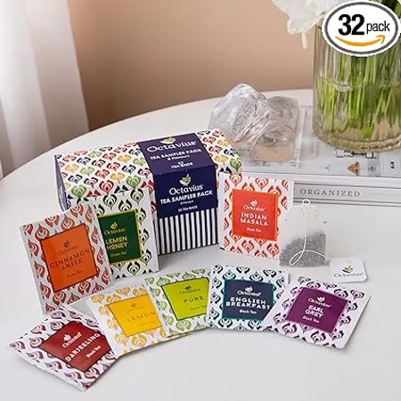 Octavius Tea Sampler Pack 32 Tea Bags 8 Assorted Black Green Tea Cinnamon Anise Pure Green Lemon Honey Lemon English Breakfast Darjeeling Indian Masala Earl Grey Diwali Gift Box